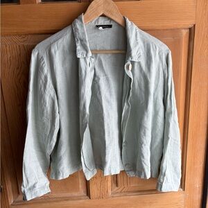 100% Linen Vintage Shirt Jacket Light Blue Green Cropped Button Front Top